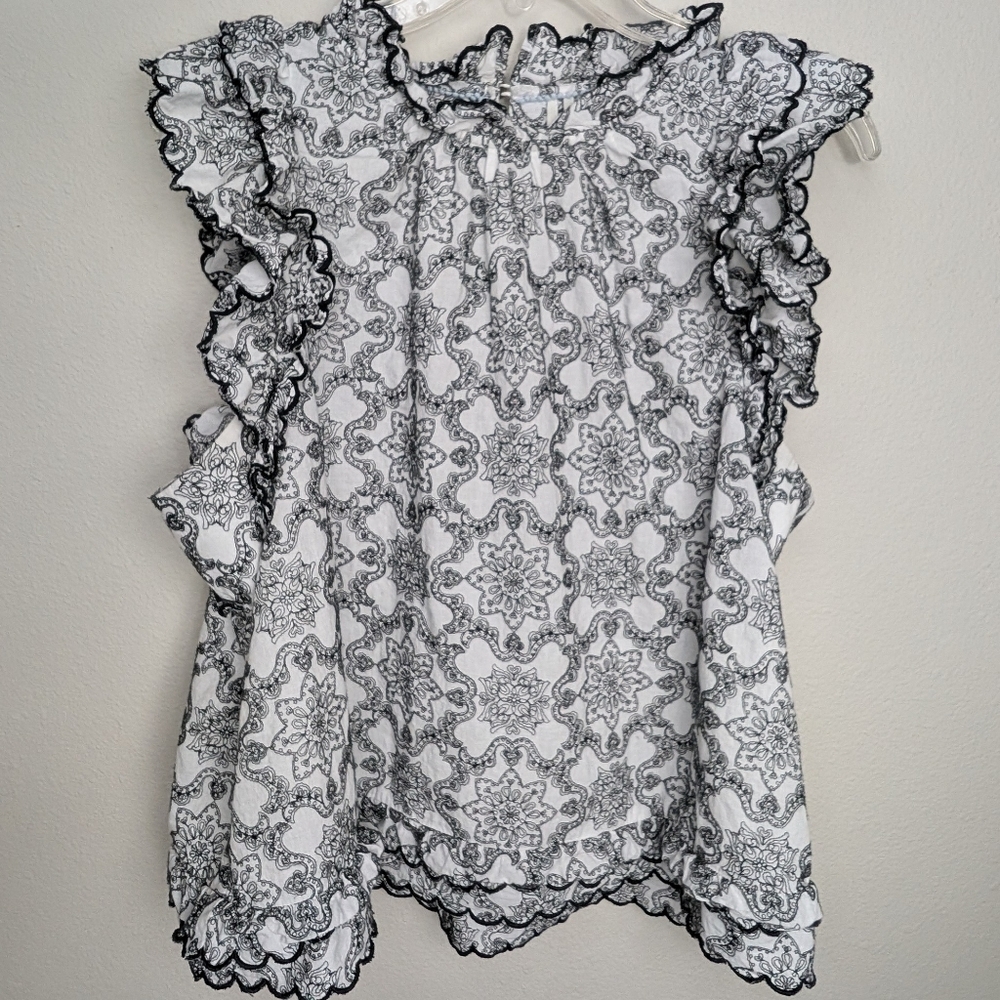 Anthroplogie Ruffled Lace Blouse Women's L Black White Shirt Top - Picture 2 of 16